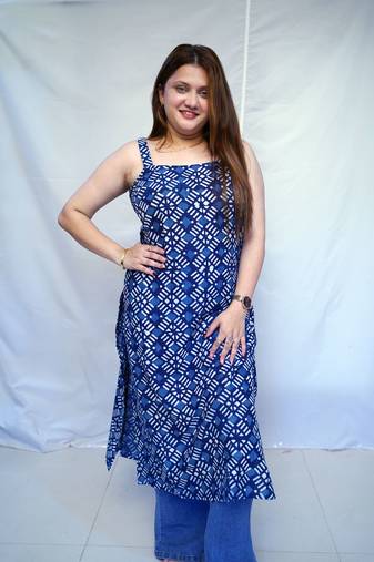 Cotton Indigo Dabu Handblock Printed Long Kurti for Women