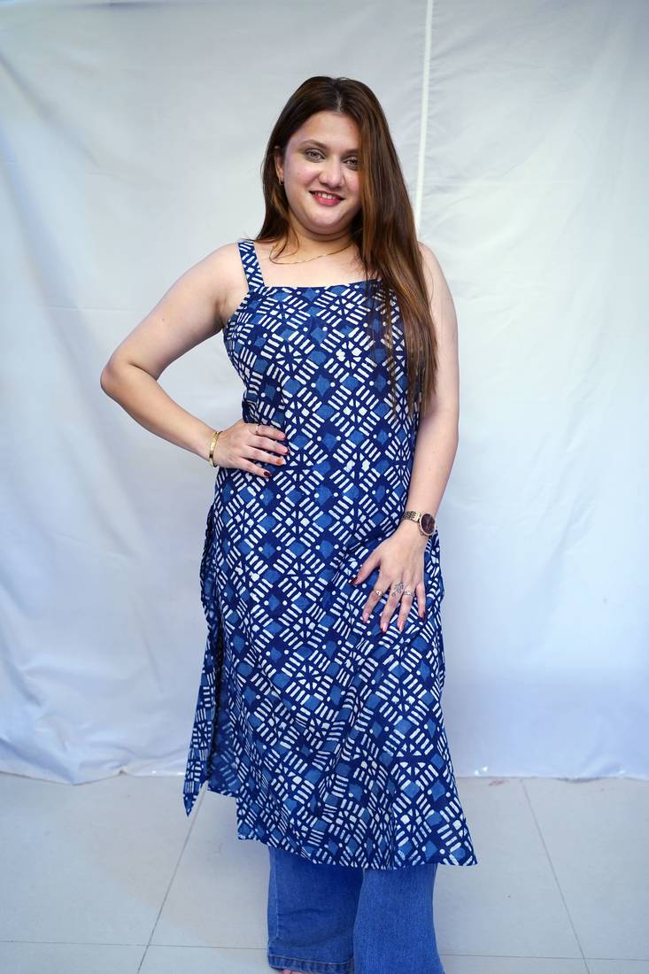 Cotton Indigo Dabu Handblock Printed Long Kurti for Women