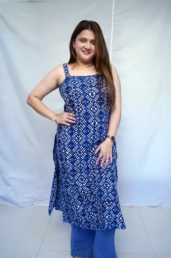 Cotton Indigo Dabu Handblock Printed Long Kurti for Women