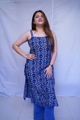 Cotton Indigo Dabu Handblock Printed Long Kurti for Women 3