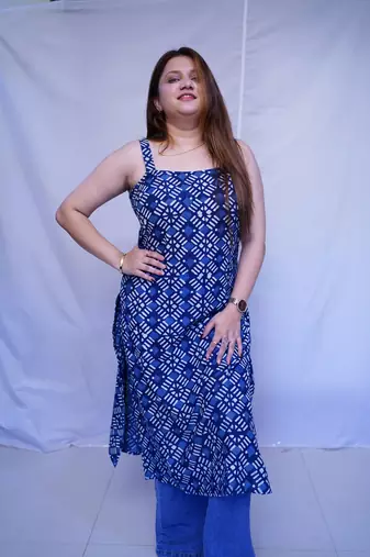 Cotton Indigo Dabu Handblock Printed Long Kurti for Women