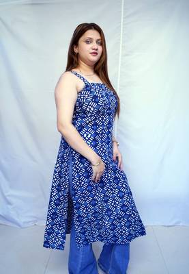 Cotton Indigo Dabu Handblock Printed Long Kurti for Women 4