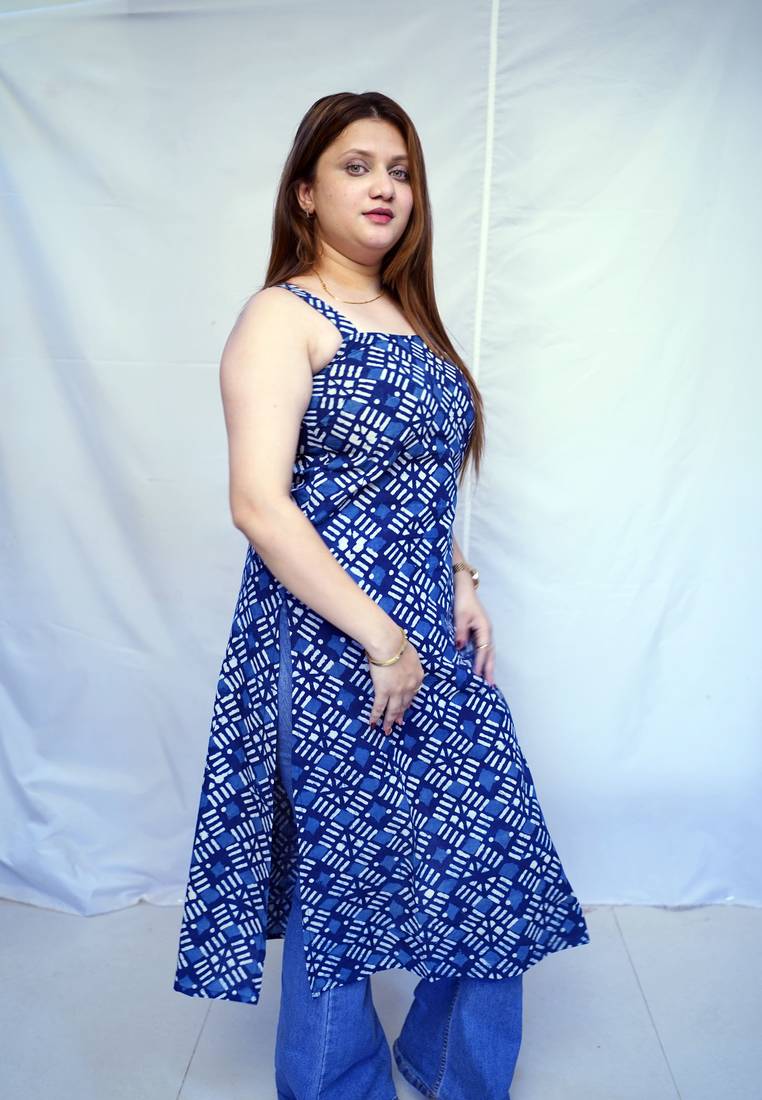Cotton Indigo Dabu Handblock Printed Long Kurti for Women