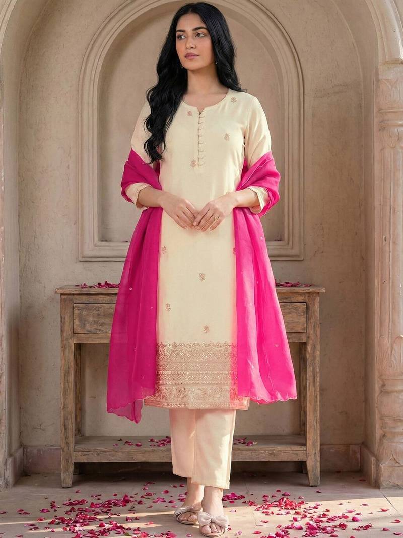 Women Ethnic Motifs Embroidered Regular Thread Work Kurta with Trousers & With Dupatta