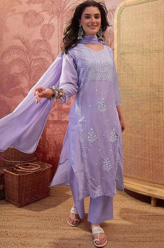 Women Ethnic Motifs Embroidered Regular Thread Work Kurta with Palazzos & With Dupatta