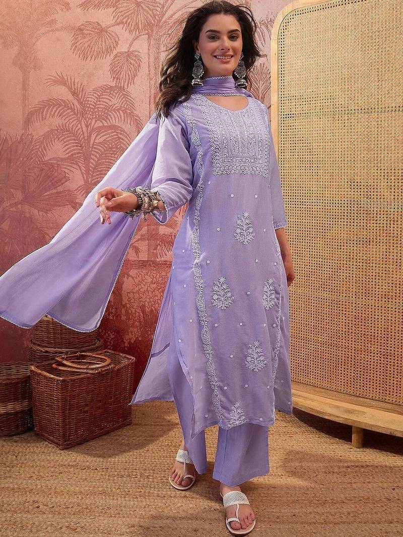 Women Ethnic Motifs Embroidered Regular Thread Work Kurta with Palazzos & With Dupatta