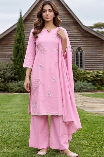 Women Floral Embroidered Regular Thread Work Pure Cotton Kurta with Palazzos & With Dupatta