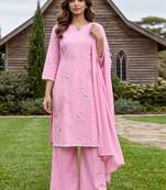 Women Floral Embroidered Regular Thread Work Pure Cotton Kurta with Palazzos & With Dupatta