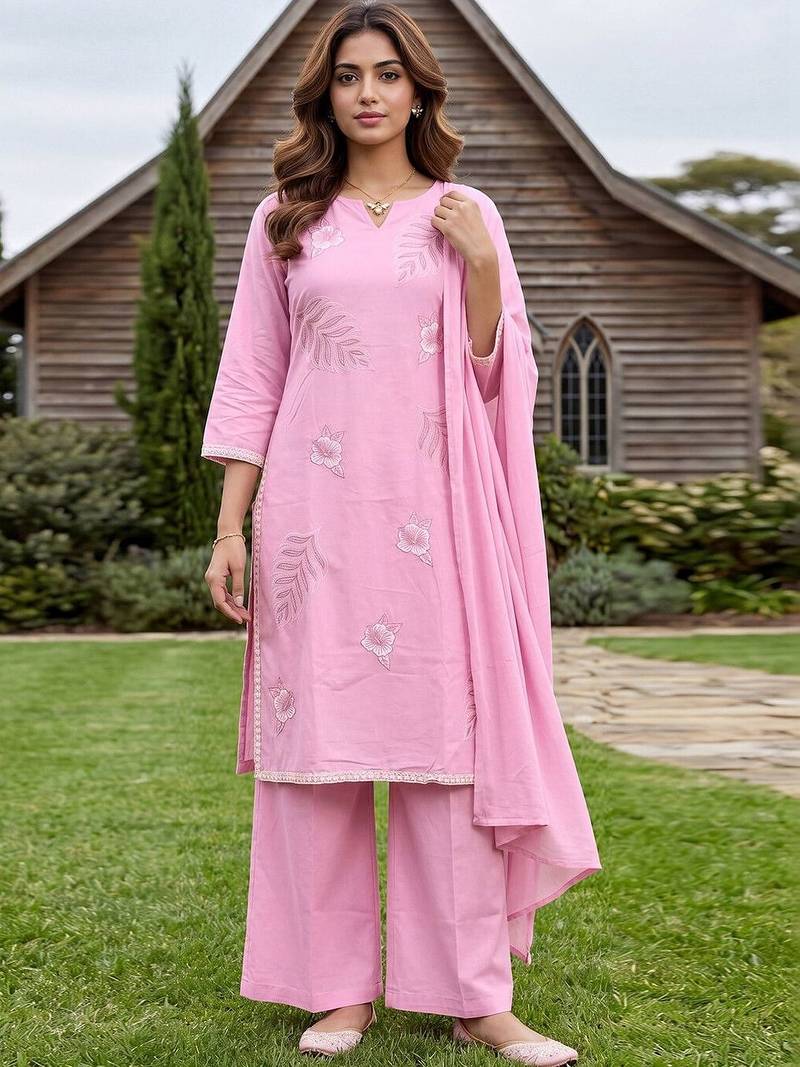 Women Floral Embroidered Regular Thread Work Pure Cotton Kurta with Palazzos & With Dupatta