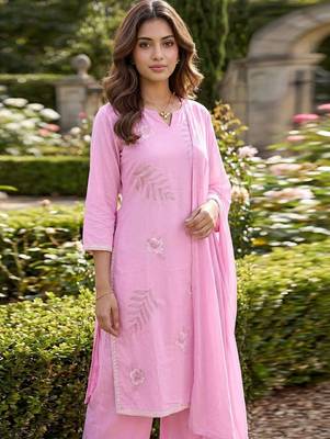 Women Floral Embroidered Regular Thread Work Pure Cotton Kurta with Palazzos & With Dupatta 2