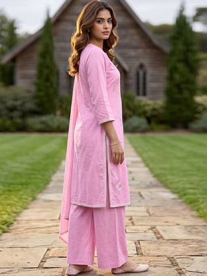 Women Floral Embroidered Regular Thread Work Pure Cotton Kurta with Palazzos & With Dupatta 5