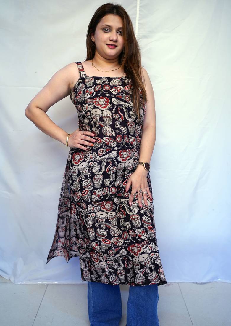 Cotton Black Kalamkari Hand block Printed Long Kurti for Women