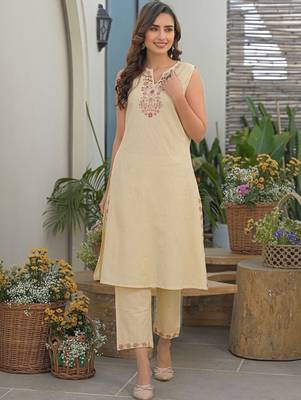 Embroidered Cream Viscose Rayon Co Ords for Women 5