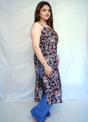 Cotton Black Kalamkari Hand block Printed Long Kurti for Women 4