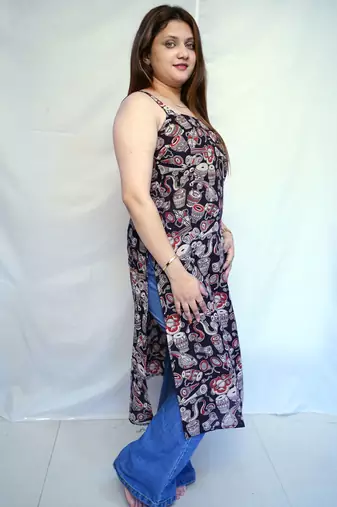 Cotton Black Kalamkari Hand block Printed Long Kurti for Women