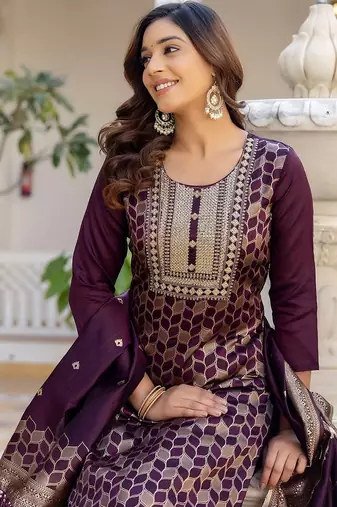 floral woven design round neck sequinned straight kurta with trousers & dupatta