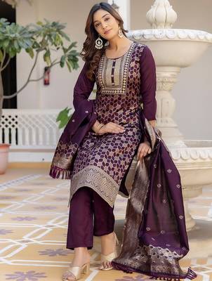 Floral Woven Design Round Neck Sequinned Straight Kurta With Trousers & Dupatta 3