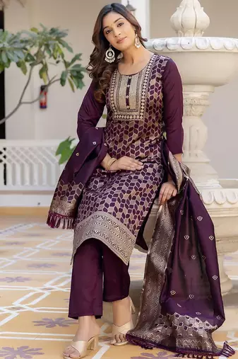 floral woven design round neck sequinned straight kurta with trousers & dupatta