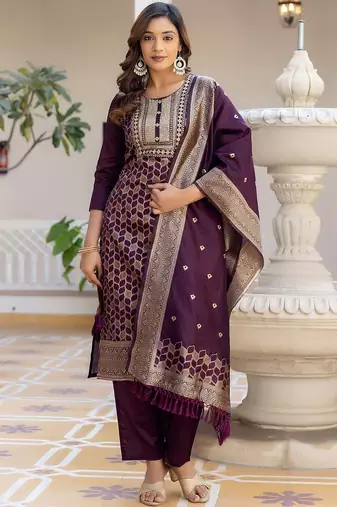 floral woven design round neck sequinned straight kurta with trousers & dupatta