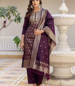 Floral Woven Design Round Neck Sequinned Straight Kurta With Trousers & Dupatta