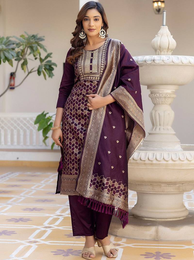 Floral Woven Design Round Neck Sequinned Straight Kurta With Trousers & Dupatta