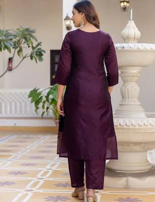 Floral Woven Design Round Neck Sequinned Straight Kurta With Trousers & Dupatta 4