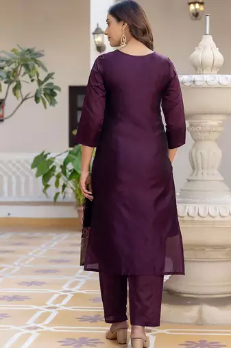 floral woven design round neck sequinned straight kurta with trousers & dupatta