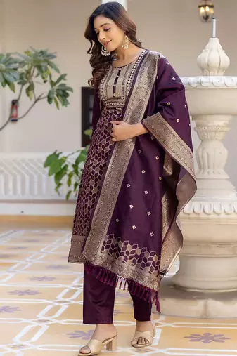 floral woven design round neck sequinned straight kurta with trousers & dupatta