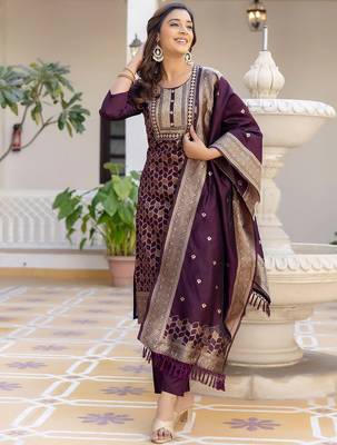 Floral Woven Design Round Neck Sequinned Straight Kurta With Trousers & Dupatta 6
