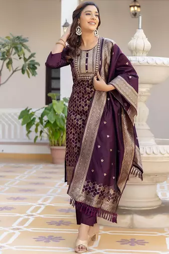 floral woven design round neck sequinned straight kurta with trousers & dupatta