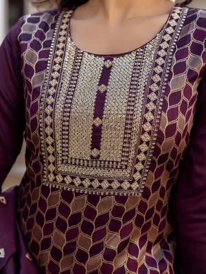 Floral Woven Design Round Neck Sequinned Straight Kurta With Trousers & Dupatta 7