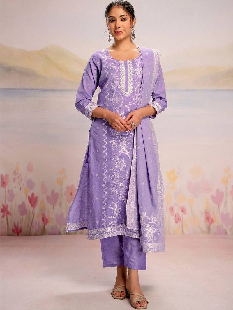 Women Ethnic Motifs Embroidered Regular Thread Work Pure Cotton Kurta with Trousers & With Dupatta