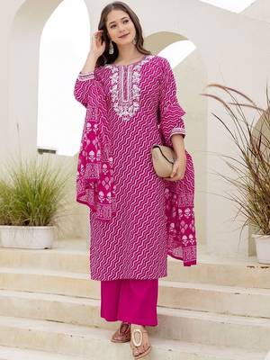 Women Ethnic Motifs Printed Regular Thread Work Kurta with Palazzos & With Dupatta 1