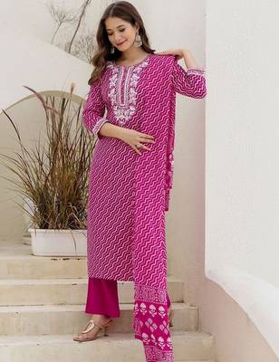 Women Ethnic Motifs Printed Regular Thread Work Kurta with Palazzos & With Dupatta 7