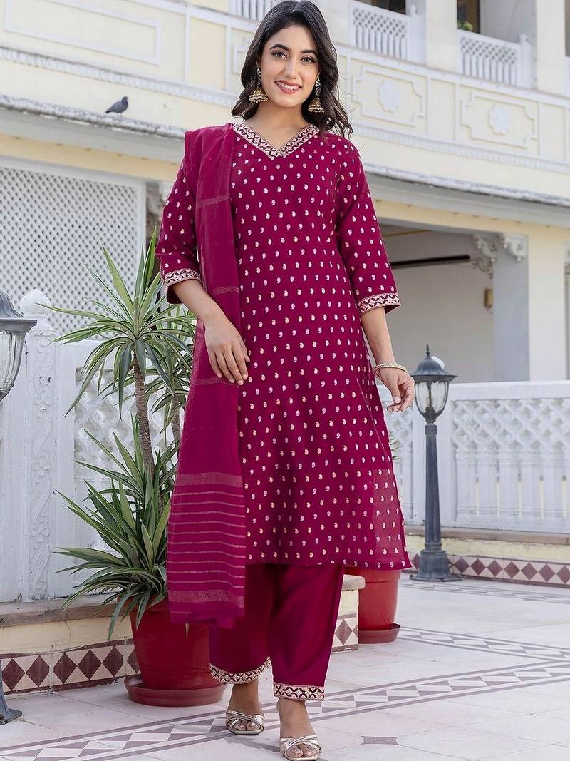 Women Ethnic Motifs Printed Regular Pure Cotton Kurta with Trousers & With Dupatta