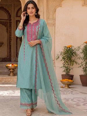 Women Ethnic Motifs Embroidered Regular Thread Work Kurta with Palazzos & With Dupatta 1