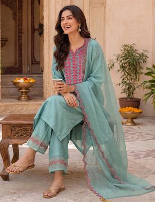 Women Ethnic Motifs Embroidered Regular Thread Work Kurta with Palazzos & With Dupatta 6