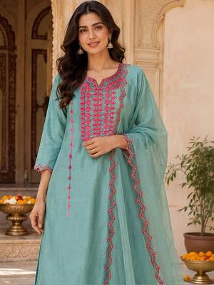 Women Ethnic Motifs Embroidered Regular Thread Work Kurta with Palazzos & With Dupatta 7
