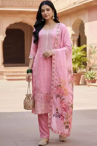 Women Pink Organza Embroidered Straight Kurta Trousers with Dupatta