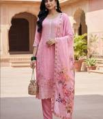 Women Pink Organza Embroidered Straight Kurta Trousers with Dupatta