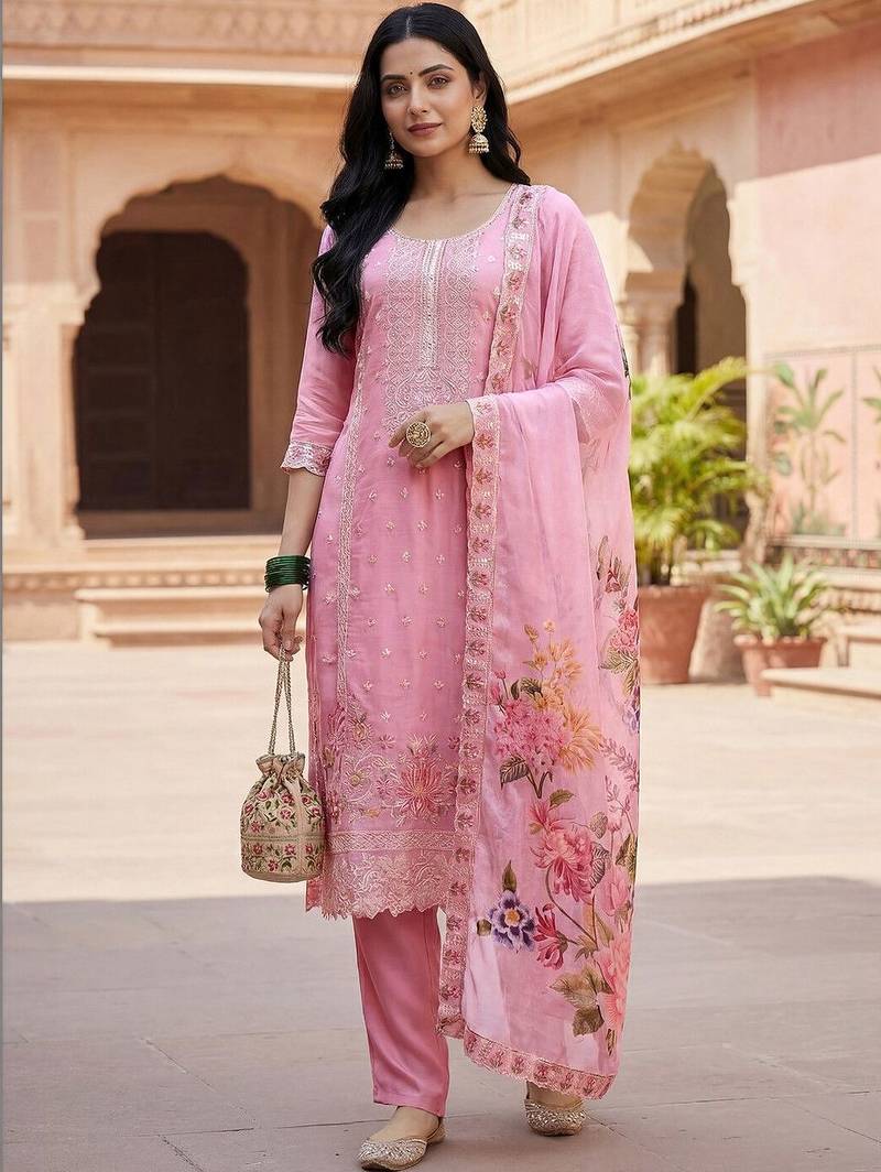 Women Pink Organza Embroidered Straight Kurta Trousers with Dupatta