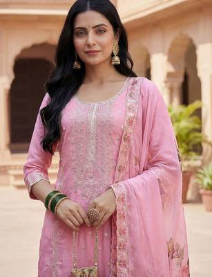 Women Pink Organza Embroidered Straight Kurta Trousers with Dupatta 2
