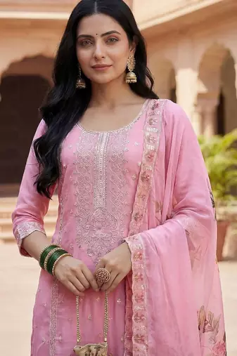 Women Pink Organza Embroidered Straight Kurta Trousers with Dupatta