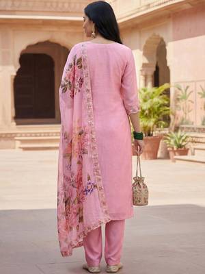 Women Pink Organza Embroidered Straight Kurta Trousers with Dupatta 3
