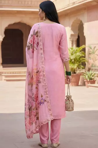 Women Pink Organza Embroidered Straight Kurta Trousers with Dupatta