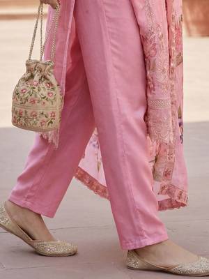 Women Pink Organza Embroidered Straight Kurta Trousers with Dupatta 4