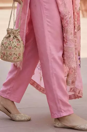 Women Pink Organza Embroidered Straight Kurta Trousers with Dupatta