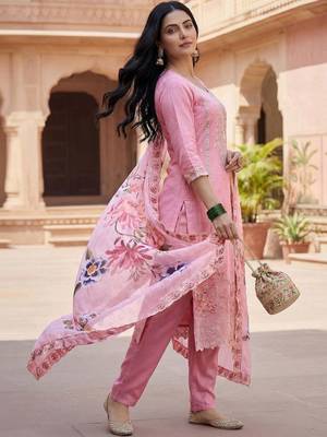Women Pink Organza Embroidered Straight Kurta Trousers with Dupatta 5