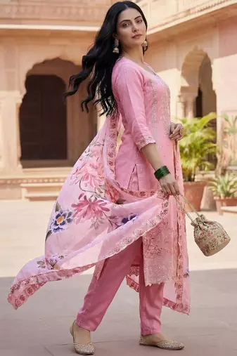 Women Pink Organza Embroidered Straight Kurta Trousers with Dupatta