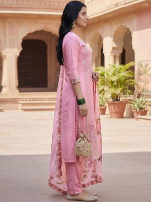 Women Pink Organza Embroidered Straight Kurta Trousers with Dupatta 6
